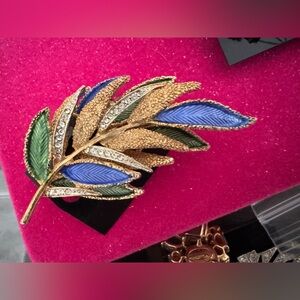 Vintage Gold and Blue Leaf Brooch with Crystal Accents